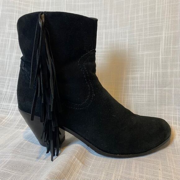 Sam Edelman Louie Boot Womens 8 Black Suede Fringe Ankle Side Zip Block Heel - Picture 1 of 8